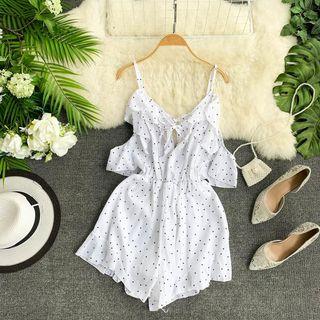 Dotted Cold-shoulder Ruffle Playsuit
