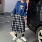 Cartoon Printed Sweater / High-waist Loose Fit A-line Plaid Skirt