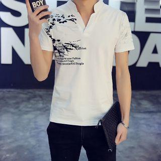 Print Open Placket Short Sleeve T-shirt