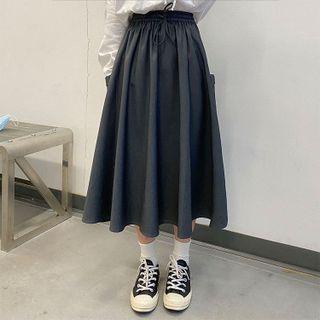 Drawstring Midi A-line Skirt Gray - One Size