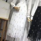 Elastic-waist Heart Print Mesh A-line Skirt