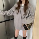 Long-sleeve Plain Loose Fit Knit Sweater Gray - One Size
