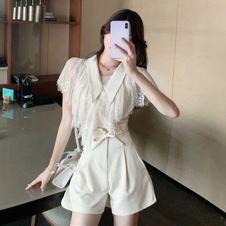 Set: Collared Short-sleeve Lace Blouse + High-waist Shorts