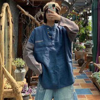 Long-sleeve Two-tone Linen Top Blue & Gray - One Size