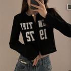 Long-sleeve V-neck Cropped Lettering Cardigan Black - One Size