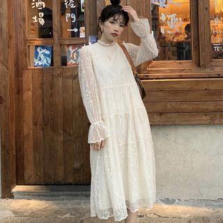 Long-sleeve Lace A-line Dress Almond - One Size