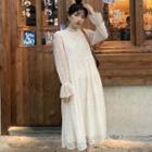 Long-sleeve Lace A-line Dress Almond - One Size