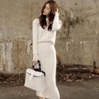 Set: Rib Knit Pullover + Midi Knitted Skirt