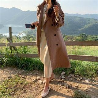 Raglan-sleeve Double-breasted Long Coat With Belt