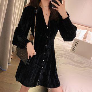 Long-sleeve Button-up Mini A-line Velvet Dress