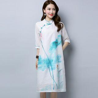 Printed Mandarin Collar Elbow-sleeve Midi Shift Dress