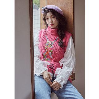 Tie-neck Mesh-trim Chiffon Top