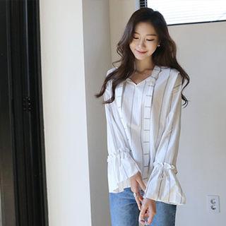 Tie-neck Ruffle-cuff Stripe Top