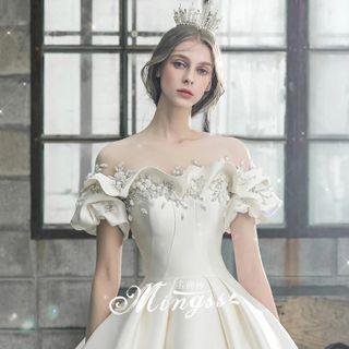 Off-shoulder Ruffled Floral Applique A-line Wedding Gown