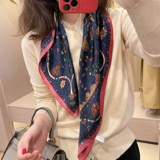 Print Silk Scarf Dark Blue - One Size