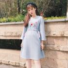 Long Sleeve V-neck Embroidered Tie Waist Knit Dress
