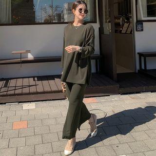 Set: Long Knit Top + Wide-leg Pants