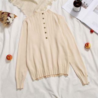 Mock Neck Frilled Buttoned Knit Top