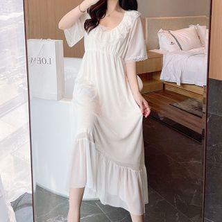 Short-sleeve Lace Trim Mesh Sleep Dress