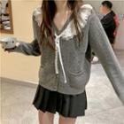 Lace Trim Knit Cardigan / Pleated Mini Skirt