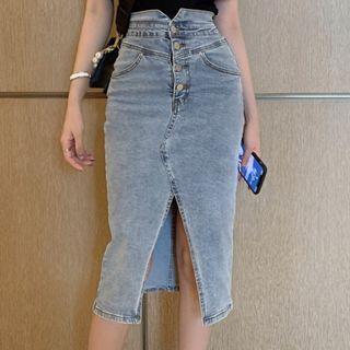 Washed Midi Denim Pencil Skirt