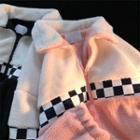 Checkered Trim Color Block Fluffy Zip Jacket