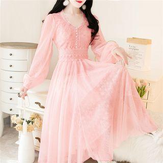 Long-sleeve Lace-panel Gather Waist Dress