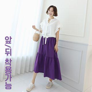Band-waist Tiered Linen Blend Skirt