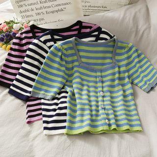 Square-neck Striped Crop Knit Top