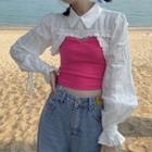 Long-sleeve Ruffle Trim Cropped Blouse / Plain Camisole Top