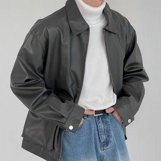Collared Zip-up Faux Leather Jacket