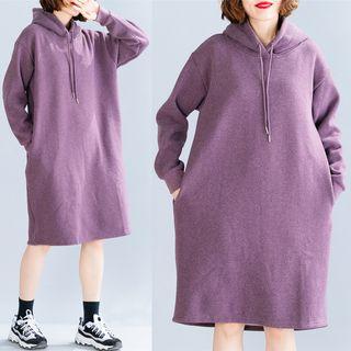 Long-sleeve Hooded Plain Loose-fit Dress Purple - One Size