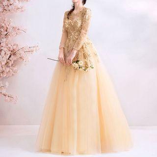 Long-sleeve Sequined Floral Embroidered A-line Evening Gown