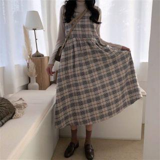 Long-sleeve Plain Mock-neck Top / Plaid Midi Pinafore Dress