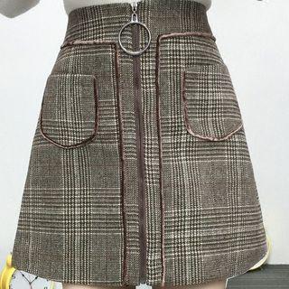 Front-zip Plaid Mini A-line Skirt