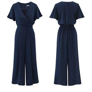 Short-sleeve V-neck Wide Leg Jumpsuit