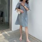 Puff-sleeve V-neck Plain Loose Fit Dress Blue - One Size