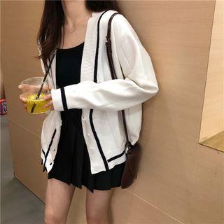 Cropped V-neck Striped Cardigan White - One Size