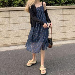 Spaghetti Strap Dot Print Midi Dress / Cardigan