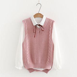 Tie-neck Shirt / Cable Knit Vest / Set
