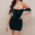 Off-shoulder Plain Velvet Mini Bodycon Dress