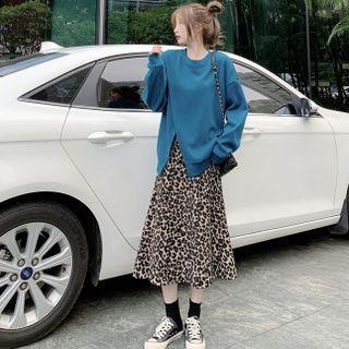 Side-silt Sweatshirt / Leopard Print Midi A-line Skirt