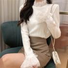 Long-sleeve Turtle-neck Lace-trim Top