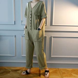 V-neck Half-placket Linen Blend Jumpsuit