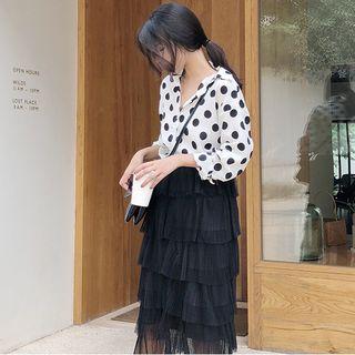 Set: Dotted Shirt + Tiered Midi Skirt