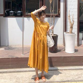 Balloon-sleeve Dotted Long Dress Mustard Yellow - One Size