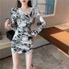 Long-sleeve V-neck Splatter Print Mini Bodycon Dress