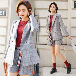 Set: Double-buttoned Plaid Blazer + Cuffed Shorts