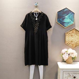 Short-sleeve Polka Dot V-neck Panel Dress Black - One Size