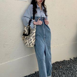 Long-sleeve Striped Panel Denim Wide Leg Jumpsuit Denim Blue - One Size